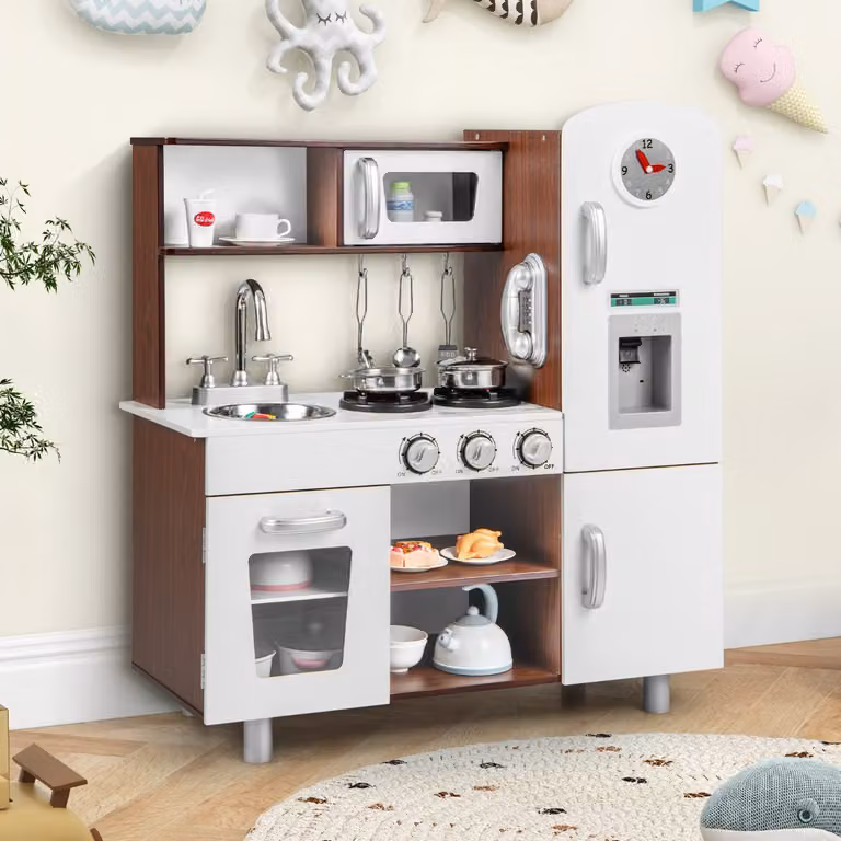 Set di cucina giocattolo in legno Costway per bambini con suoni e luci realistiche, colore marrone e bianco
