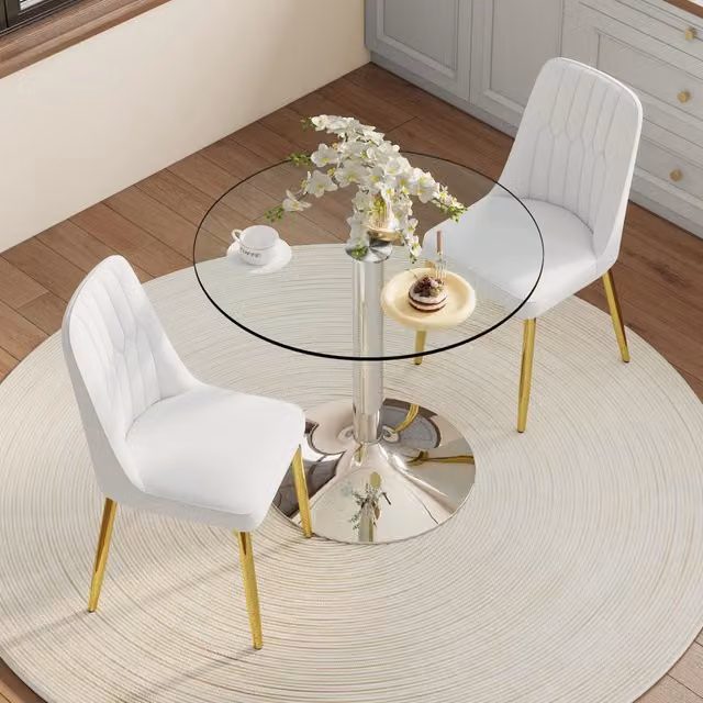 Set tavolo cucina e sedie con 1 tavolo rotondo e 2 sedie in vetro e metallo argento, pelle PU bianco e oro