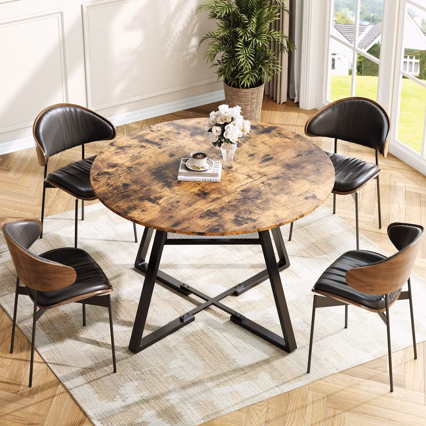 UnboxG Tavolo da pranzo rotondo Ø120 cm, tavolo da sala da pranzo con piano in MDF a 4 pezzi e robusta struttura in metallo, tavolo da cucina dal design industriale, con vano portaoggetti - vintage marrone/nero