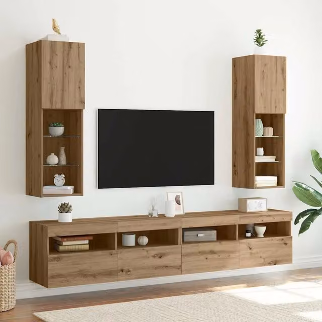 Set di 2 Mobili TV con Luci LED vidaXL in Rovere Marrone Moderno L/P/H: 30,5 x 30 x 102 cm