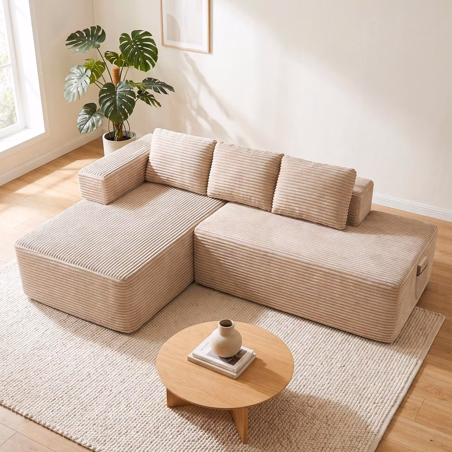 Divano componibile modello Ecksofa, con funzione letto, 228 cm, rivestito in velluto. Divano modulare "Boneless" con chaise longue e struttura in metallo per lo schienale. Divano a forma di L con funzione letto e struttura aperta