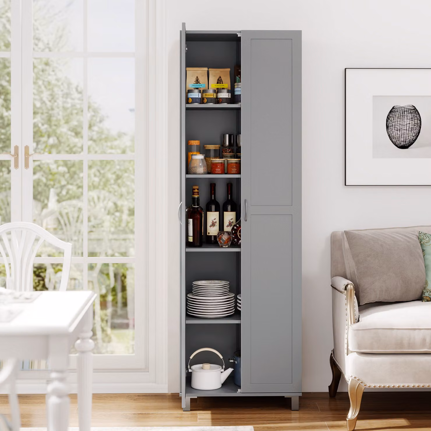 Armadio dispensa freestanding Costway con doppia anta e ripiani regolabili, design moderno per cucina, soggiorno o camera da letto, Grigio opaco