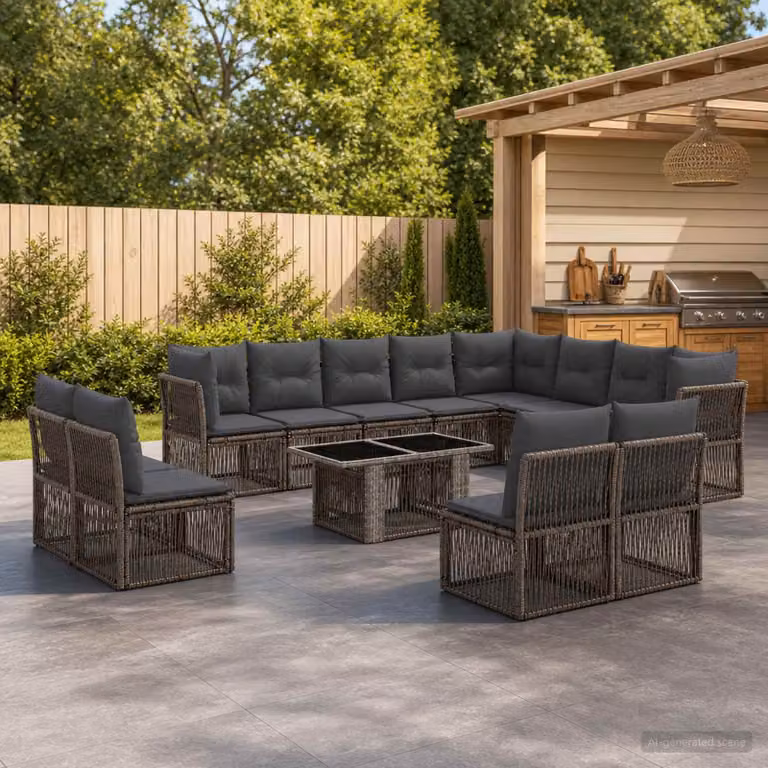 Set Divano da Giardino vidaXL 13 pz Grigio in Polyrattan con Cuscini e Tavolino da Esterno