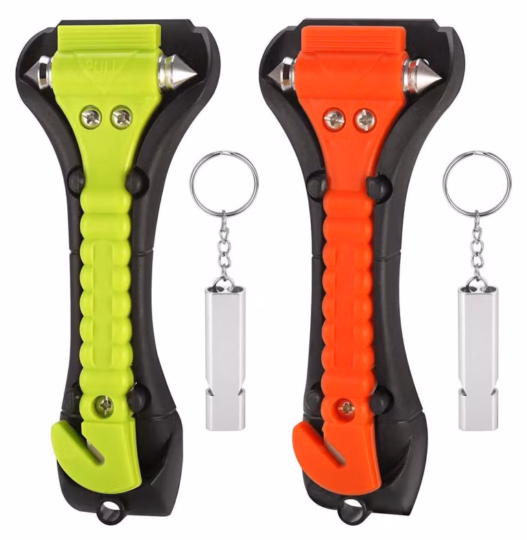 Martello di emergenza per auto, confezione da 2 pezzi, con taglierino per cinture di sicurezza, rompi vetro e fischietto di segnalazione, colore arancione e verde
