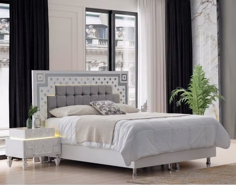 Set completo per camera da letto moderno, bianco, composto da letto e due comodini