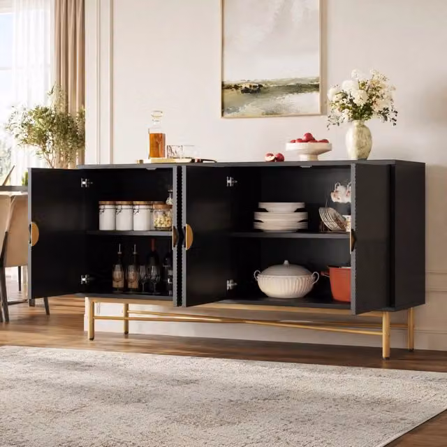 Credenza moderna nera con 4 ante, superficie geometrica opaca e maniglie dorate, L: 160 cm, P: 40 cm, H: 82 cm