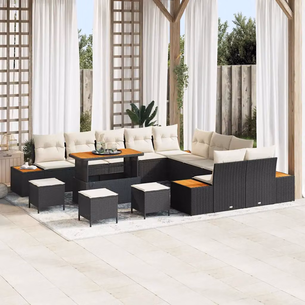Set Divano da Giardino vidaXL a Forma a U con 14 Pezzi, Colore Nero, Struttura in Acciaio Verniciato a Polvere e Cuscini Inclusi