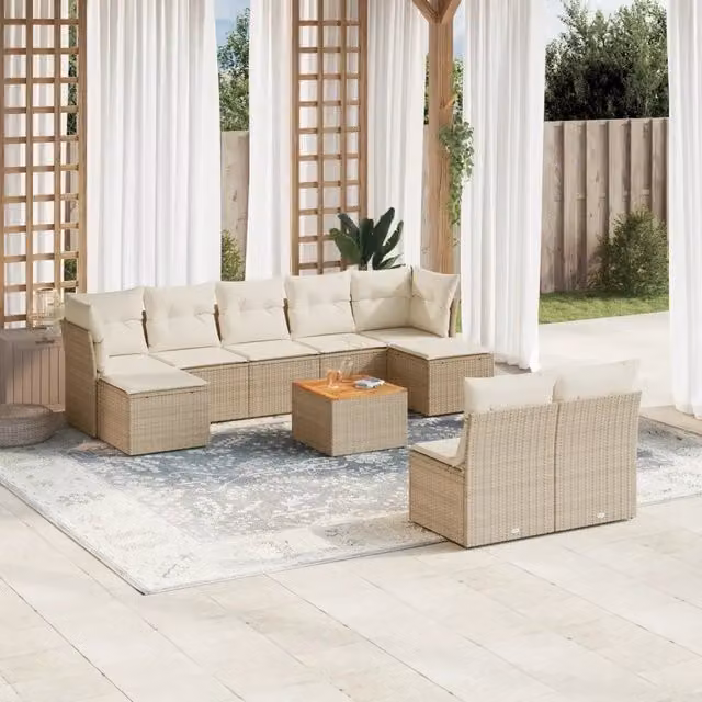 Set Divano da Giardino 10 pz con Cuscini Beige in Polyrattan 3223860