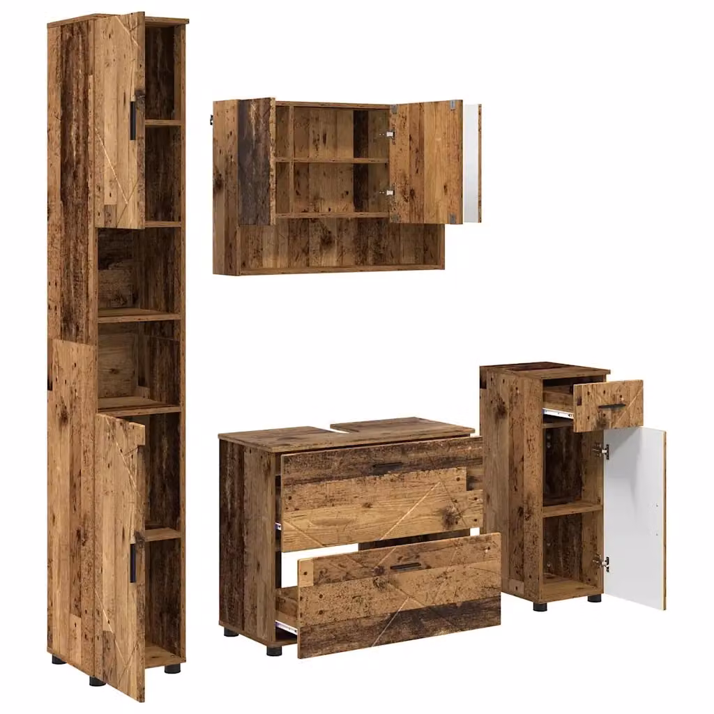 Set di mobili per il bagno vidaXL 4 pezzi in legno e metallo marrone con armadietto specchio, mobile lavabo, mobile laterale e colonna alta – 2