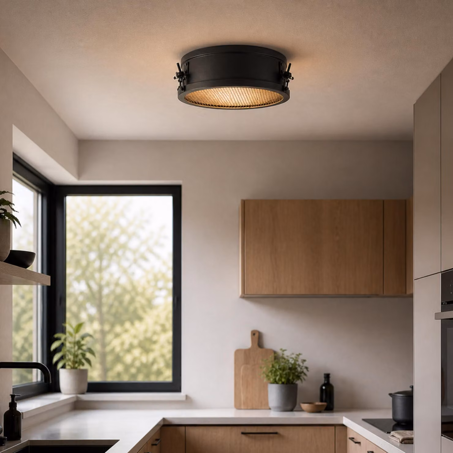 Lampada da soffitto, altezza 10 cm, Ø 30 cm, E27, metallo, corindone nero