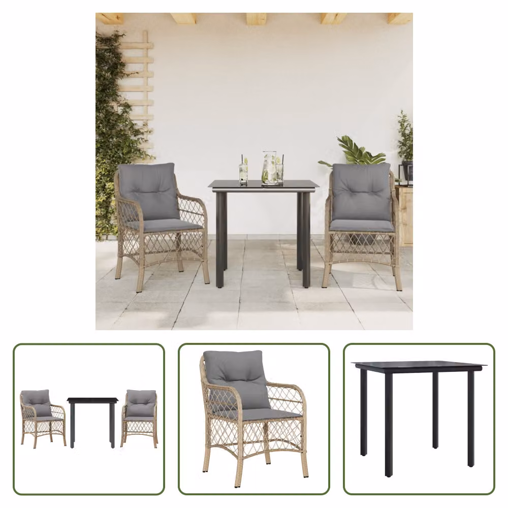 The Living Store Set bistrot 3 pezzi con cuscini Beige mix poly rattan