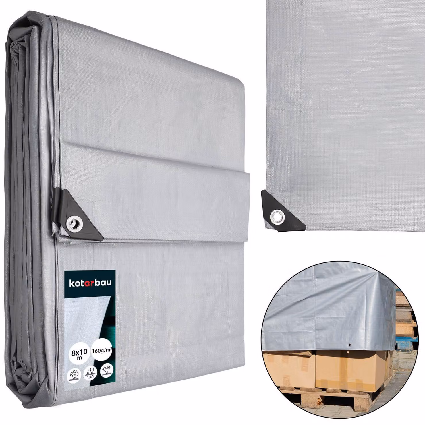 Telo in tessuto KOTARBAU® 8x10 m, colore argento, 160 g/m², telo di copertura, telo rinforzato con occhielli, telo protettivo, telo per edilizia, con corda, impermeabile, resistente allo strappo, telo industriale