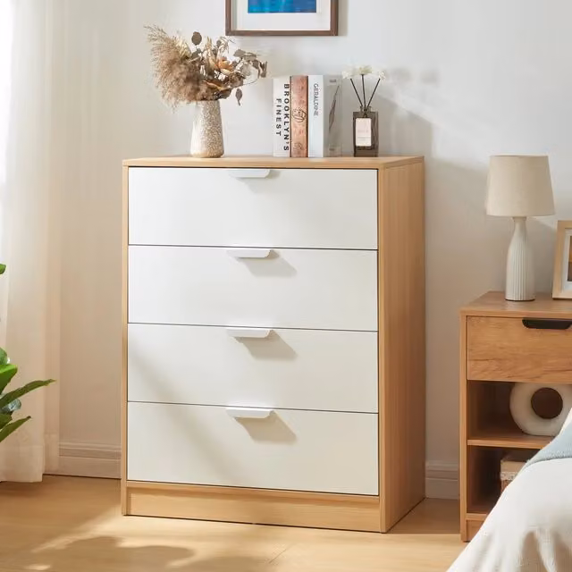 Comò Varkaus con 4 Cassetti en.casa Effetto Rovere e Bianco L: 90 cm, H: 70 cm, P: 40 cm