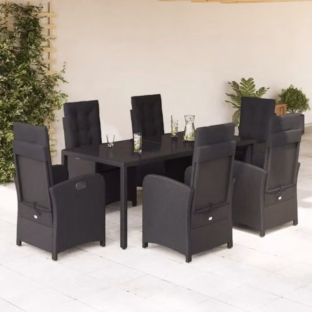 Set da Pranzo da Giardino vidaXL in Polyrattan Nero con Cuscini e Tavolo in Vetro, 7 Pezzi
