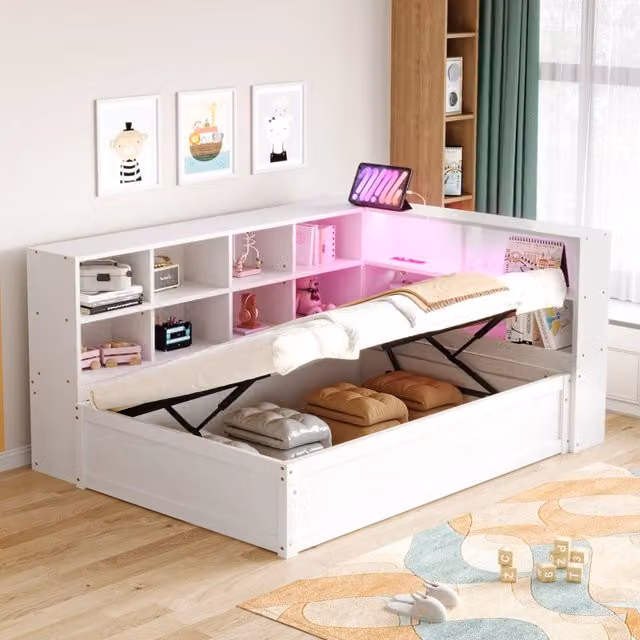 Letto divano singolo 90 × 200 cm con sollevamento idraulico, vani, presa e luce LED, senza materasso, bianco