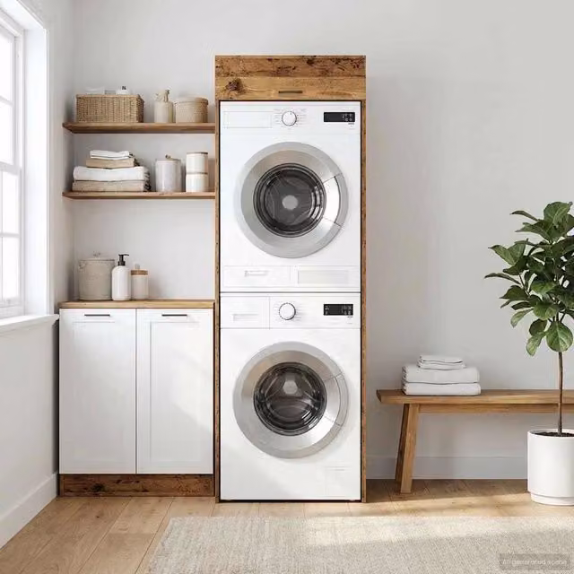 Mobiletto per lavatrice vidaXL in legno e MDF per bagno, marrone e bianco, L: 67,5 cm, P: 68,0 cm, H: 200,0 cm