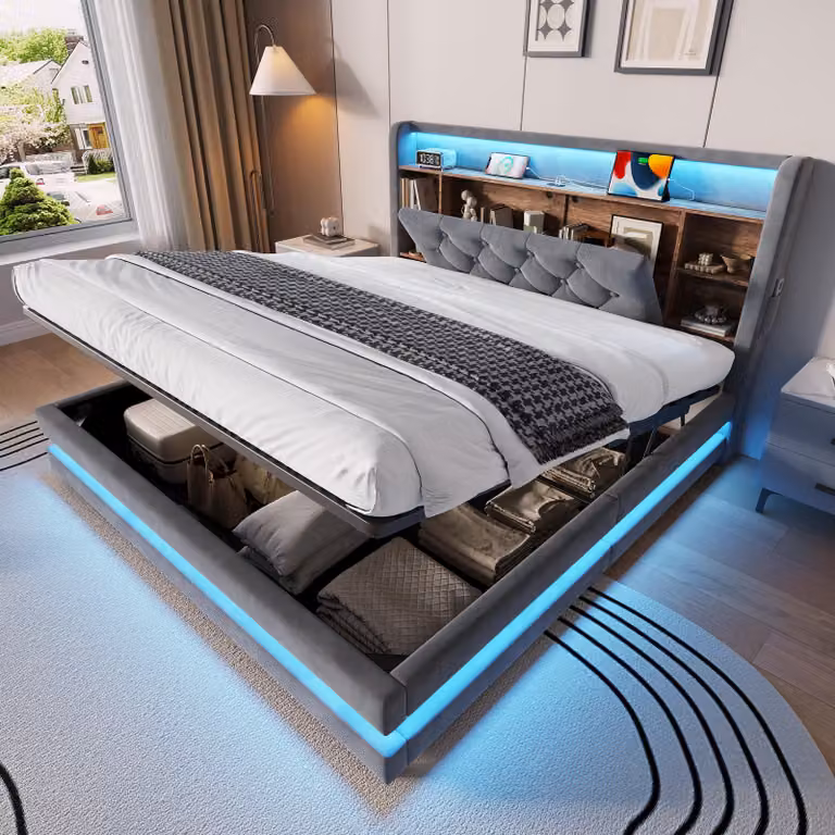 Letto matrimoniale MODFU 140 x 200 con contenitore, letto per ragazzi con LED e testiera imbottita, letto imbottito idraulico con rivestimento in velluto, struttura del letto senza materasso, colore grigio scuro