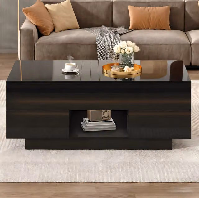 Tavolino da salotto con piano sollevabile; 2 cassetti; LED; 100 x 45 x 43 cm; nero