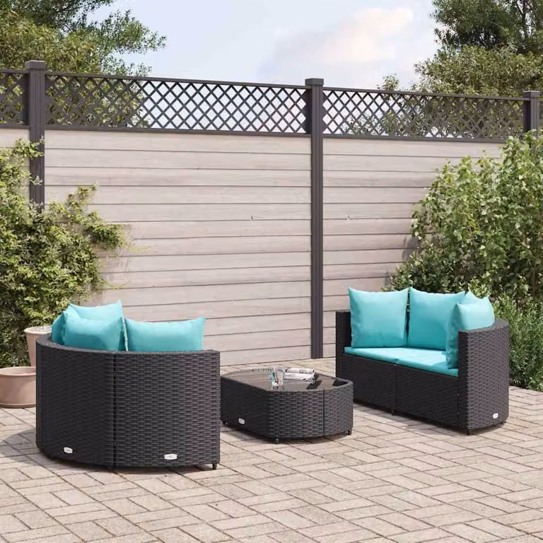 Set Divano da Giardino a L con Tavolino vidaXL, 5 Pezzi, Colore Nero e Blu con Cuscini e Struttura in Metallo e Polyrattan