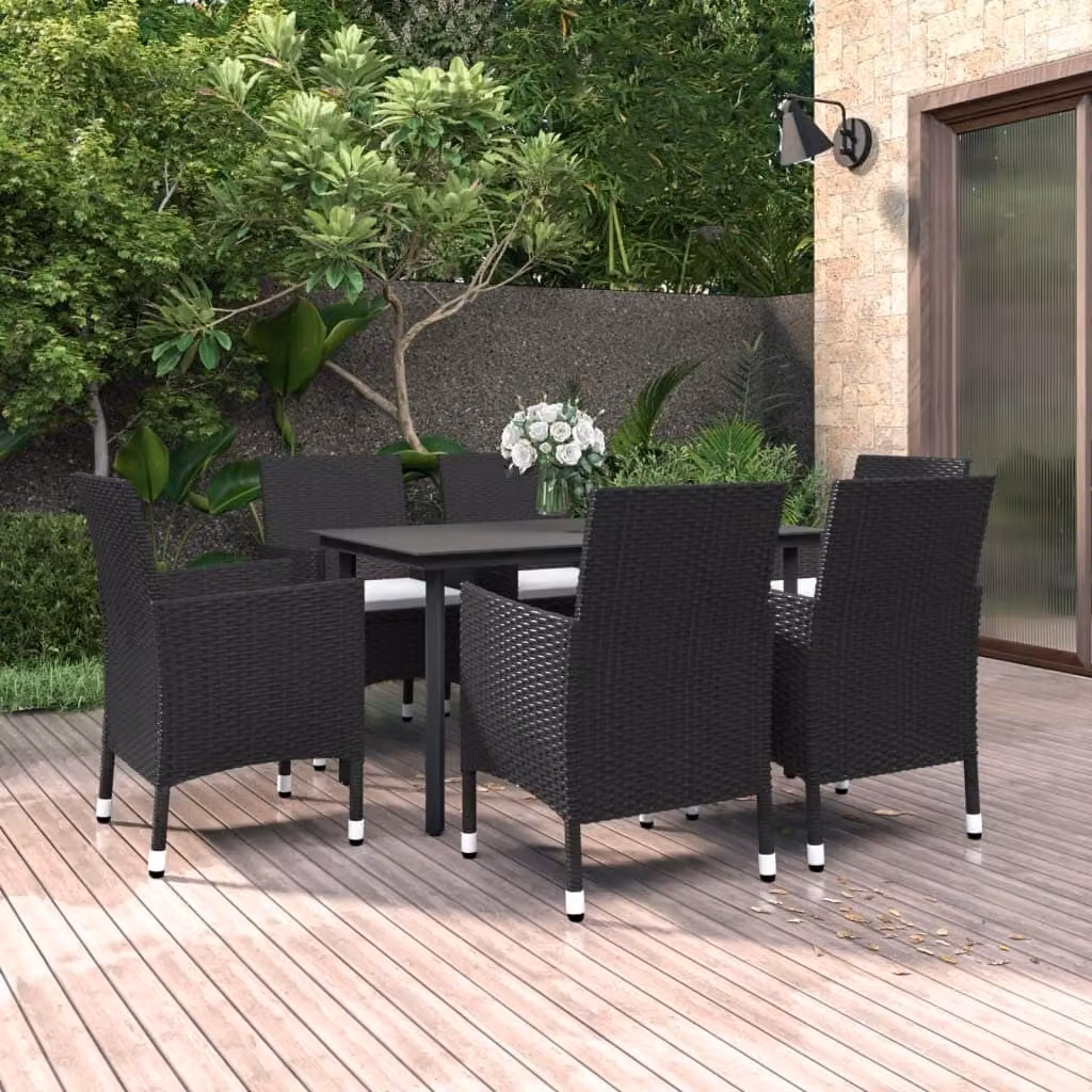 The Living Store Set da pranzo da giardino di 7 pezzi con cuscini in poly rattan e vetro