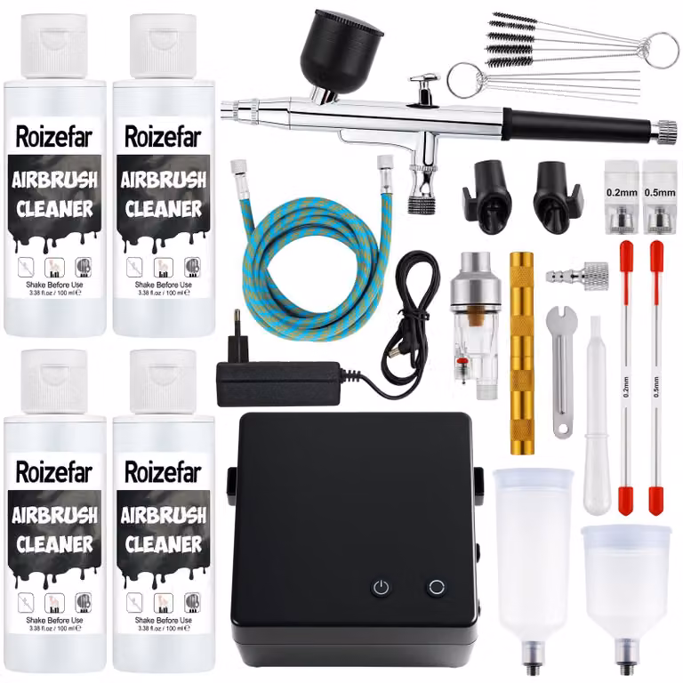 Kit per aerografo completo di compressore, con una pressione di 55 psi, ugelli da 0,2/0,3/0,5 mm e 4 flaconi da 100 ml di detergente