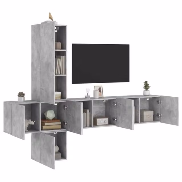 Mobili TV a Muro con LED 5pz Grigio Cemento Legno Multistrato 3216460