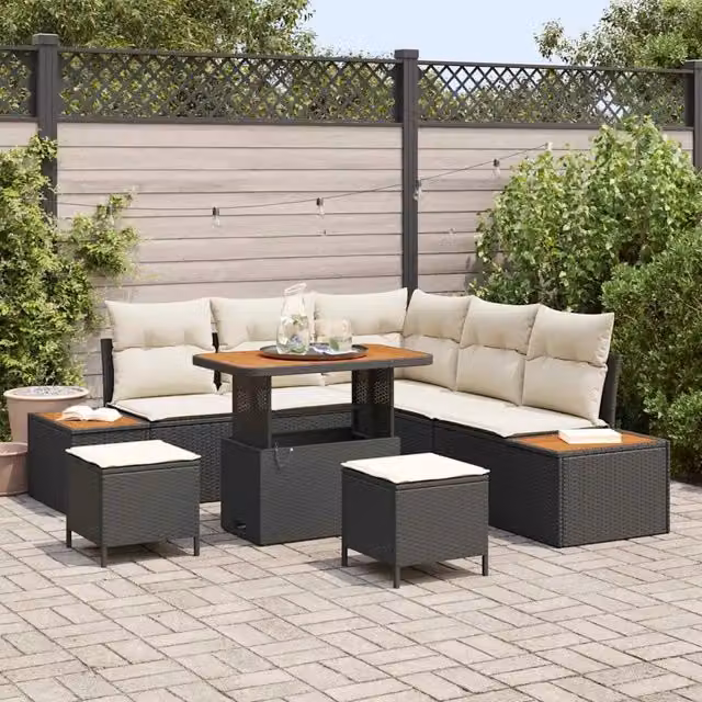 Set Divano da Giardino 8 pz 7-Numero di posti Nero Poly Rattan 3364865