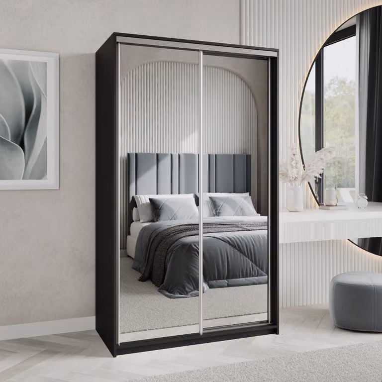 Armadio scorrevole Masseno RIEN 120/205/60 cm Armadio con cassetti Armadio per camera da letto a 2 ante con specchio Nero + raso