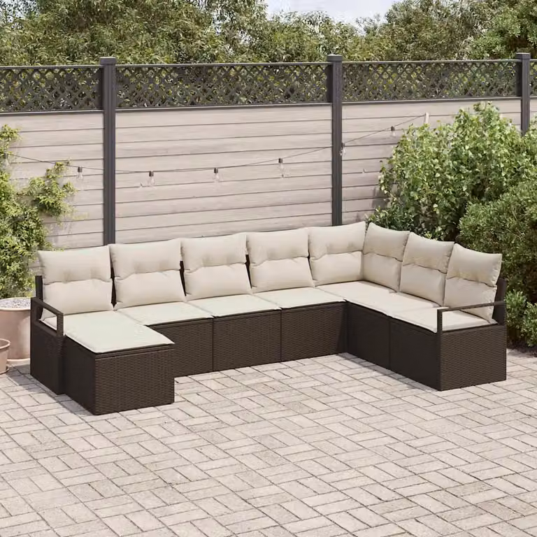 Set di divani da giardino vidaXL in polyrattan marrone con cuscini inclusi e struttura in metallo