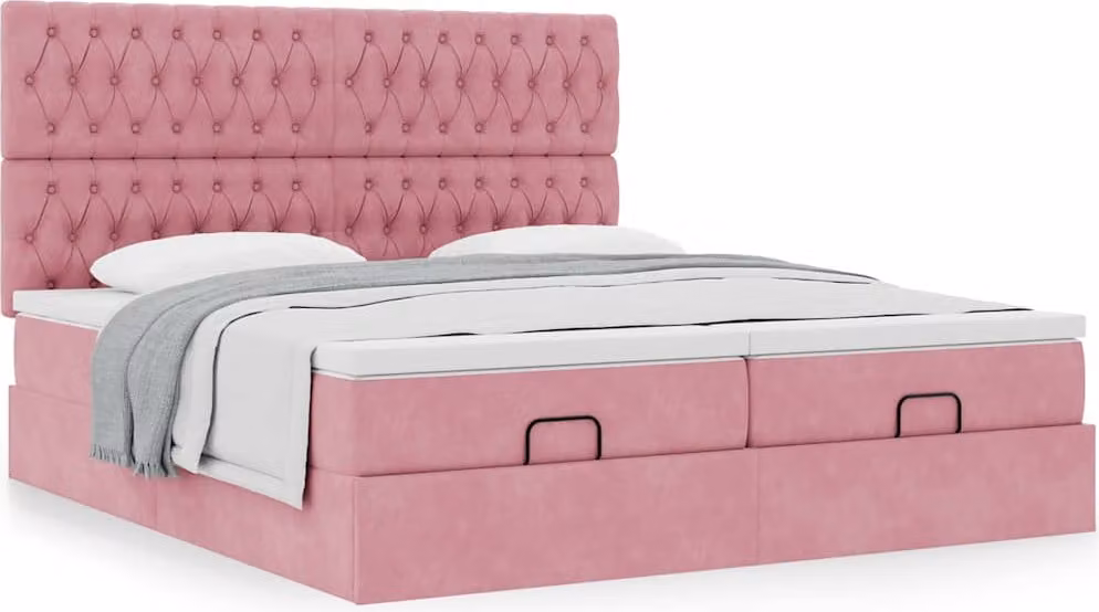 Struttura Letto Pouf con Materassi Rosa 160x200 cm Velluto