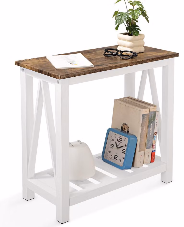 Tavolino laterale, forma rettangolare, struttura in legno marrone, dimensioni 61 x 30,5 x 61 cm