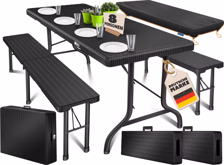KESSER® Set da birreria, 3 pezzi, 183x76x74 cm, composto da un tavolo e 2 panche, in plastica pieghevole, con copertura inclusa