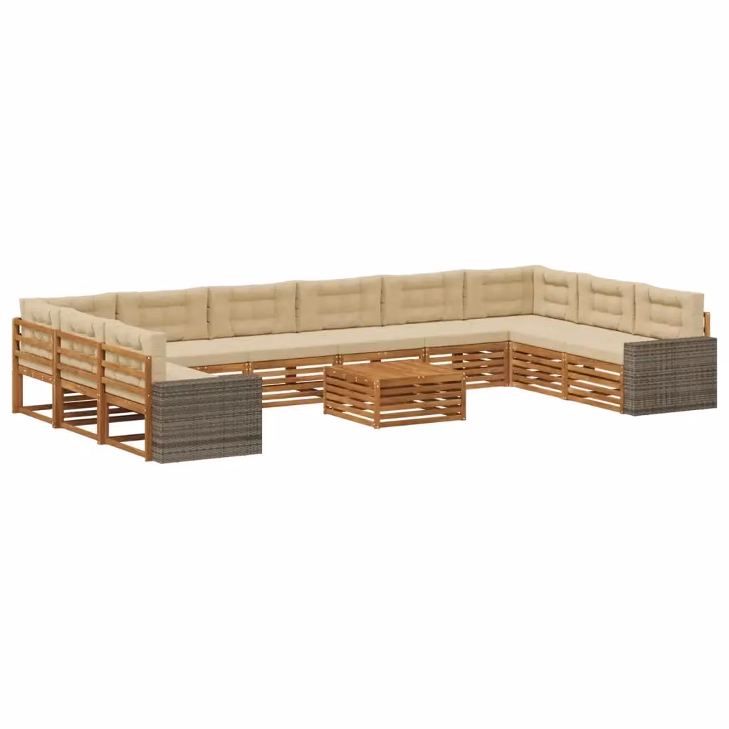 Set di divani da giardino a forma di U vidaXL in legno di acacia massello con cuscini beige e marroni – 2