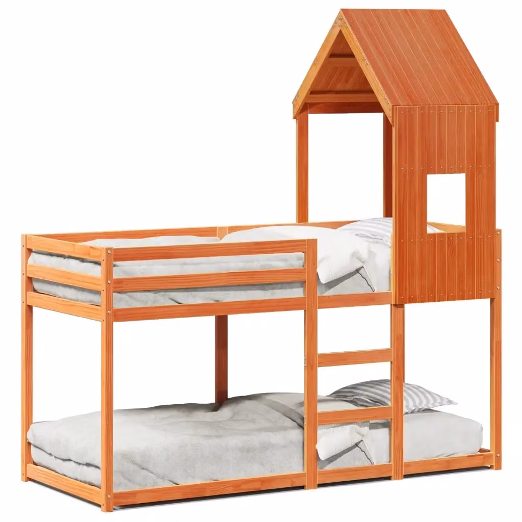 Letto a Castello con Tetto a Forma di Casa vidaXL in Legno Massello di Pino, Colore Marrone, 90 x 200 cm – 2