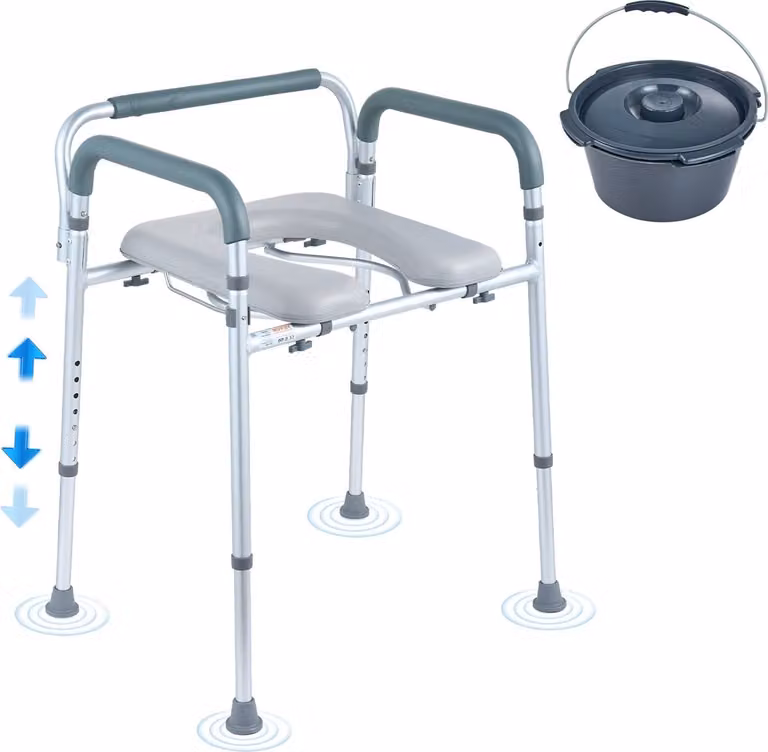 Sedia da comodo Sedia da notte con sedile e braccioli imbottiti, regolazione dell'altezza a 7 livelli, secchio rimovibile da 5,8 litri, facile da montare, portata 158 kg, sedile WC rialzato