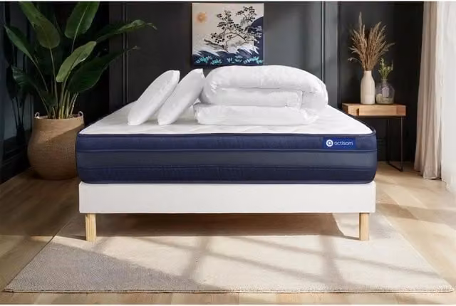 Pacchetto letto completo - Materasso 180x200cm + Box spring con doghe (kit) + 2 cuscini + Piumino - Actilatex Tech