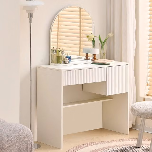 Tavolo trucco moderno WISHDOR con specchio arcuato e 2 cassetti in MDF bianco opaco