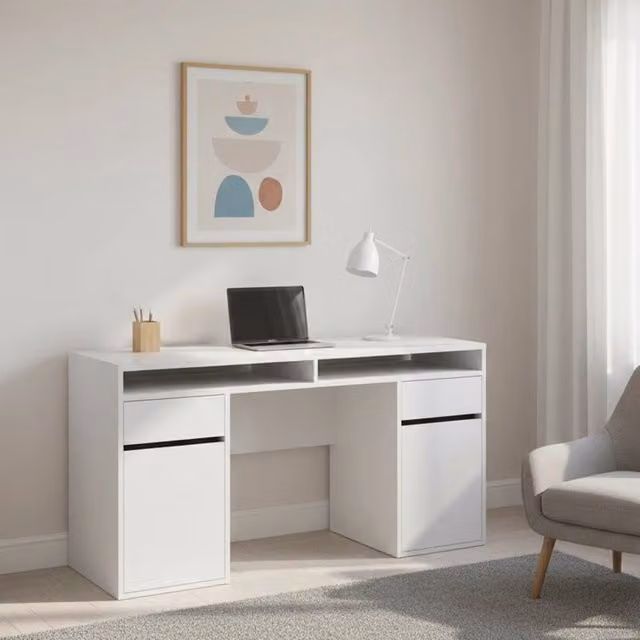 Scrivania DMORA moderna in MDF bianco lucido per ufficio o casa, L: 149 cm, P: 48,2 cm, H: 77,4 cm