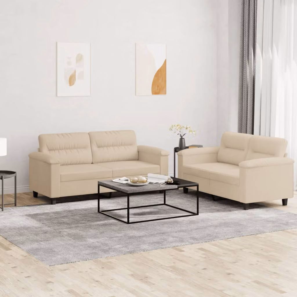 Set di 2 Divani vidaXL in Microfibra Beige con Cuscini e Imbottitura in Schiuma