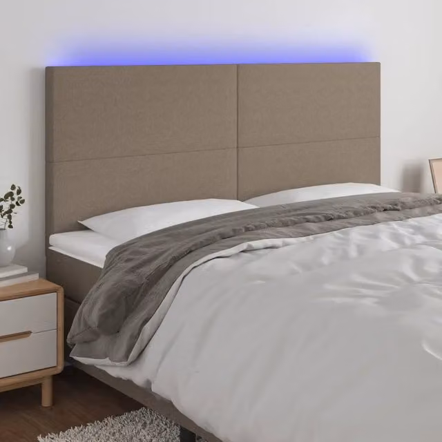Testiera con LED Design Mania in tessuto beige con porta USB L/P/H: 180 x 5 x 118/128 cm