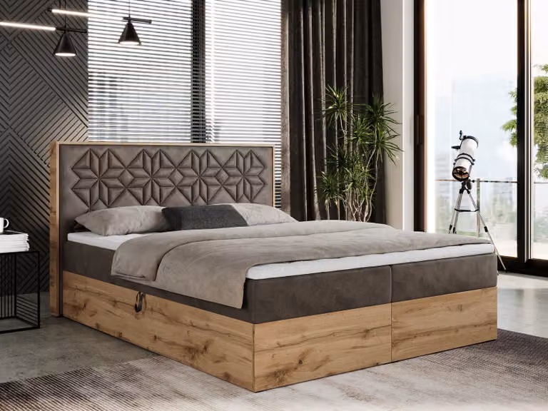 Letto boxspring 160x200 con contenitore, letto imbottito 160x200 con materasso H3, letto boxspring 160x200 con testiera, letto boxspring in legno massello - Nessi - Marrone Velvet - H3