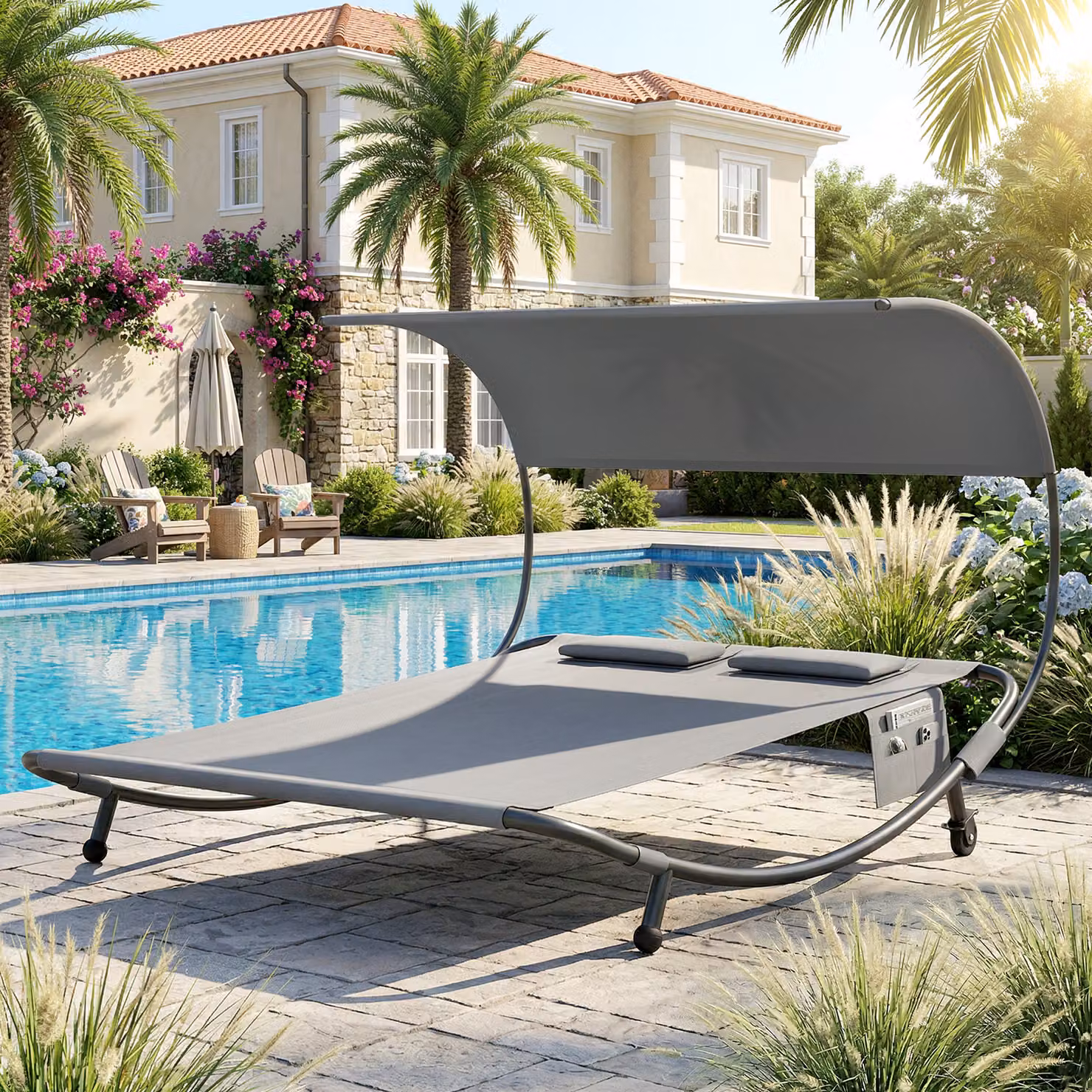Lettino Doppio con Baldacchino Rimovibile Outsunny Grigio con Ruote e Cuscini – 2