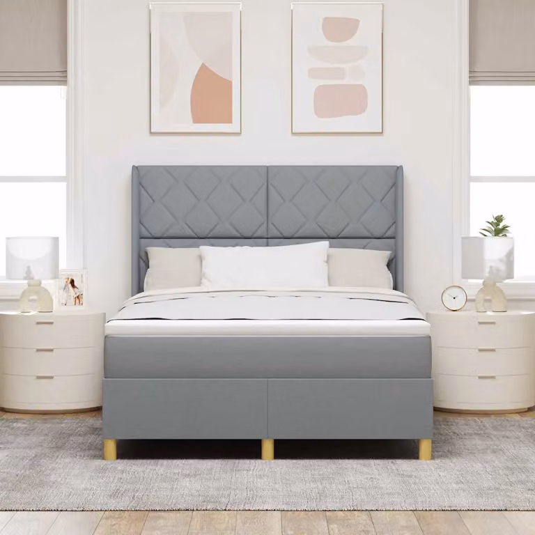 Letto a molle con testiera vidaXL in tessuto grigio con dettagli oro, L/P/H: 193 x 143 x 128 cm