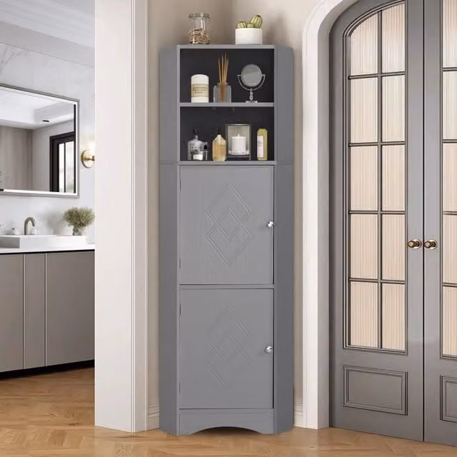 Armadio angolare da bagno Aosom Italy grigio con ripiani regolabili e ante a battente, L/P/H: 36.5 x 36.5 x 155 cm – 1