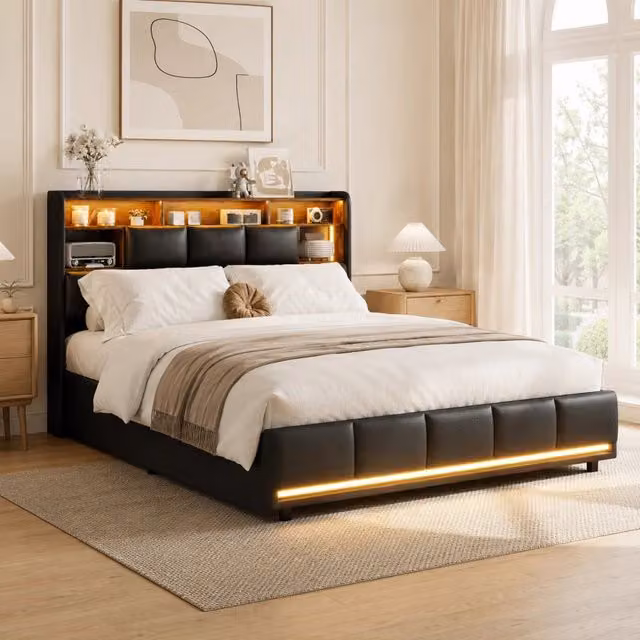 Letto matrimoniale con contenitore idraulico, testiera con vani, LED RGB, pelle sintetica nera, 140x190 cm, con porte USB e presa di corrente
