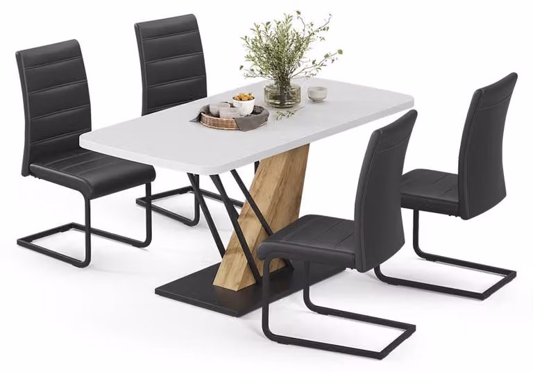 Set di tavoli da pranzo Vicco Fenaro Bianco/Rovere dorato 120 x 80 cm con 4 sedie da pranzo, nero, Model 63000