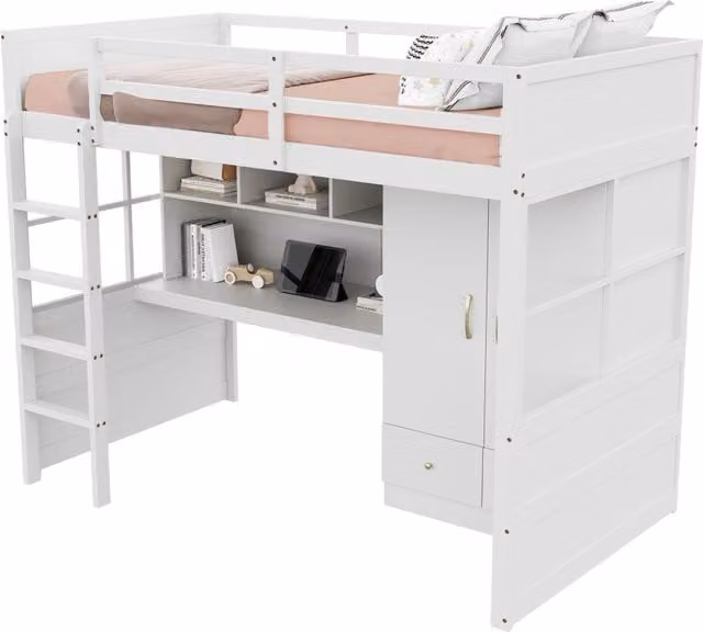 Letto a soppalco singolo bianco con scrivania, armadio e cassetti, dimensioni: L 90 x P 200 cm, H 204.5 cm