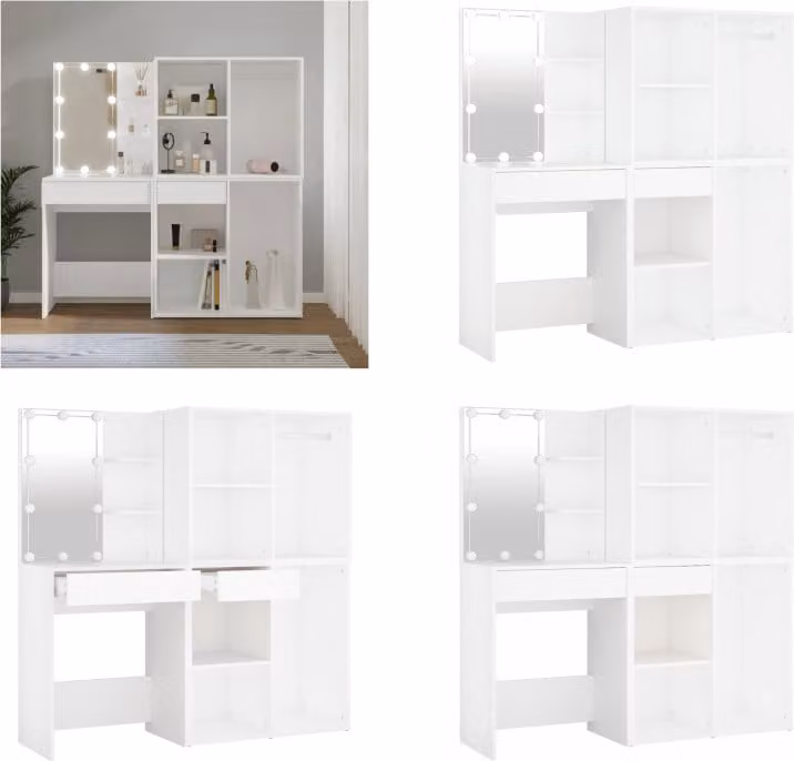 vidaXL Tavolino da toilette a LED con 2 armadietti Legno bianco - Tavolino da toilette a LED con armadietto - Tavolini da toilette a LED con armadietti - Tavolino da toilette - Tavolino da toilette