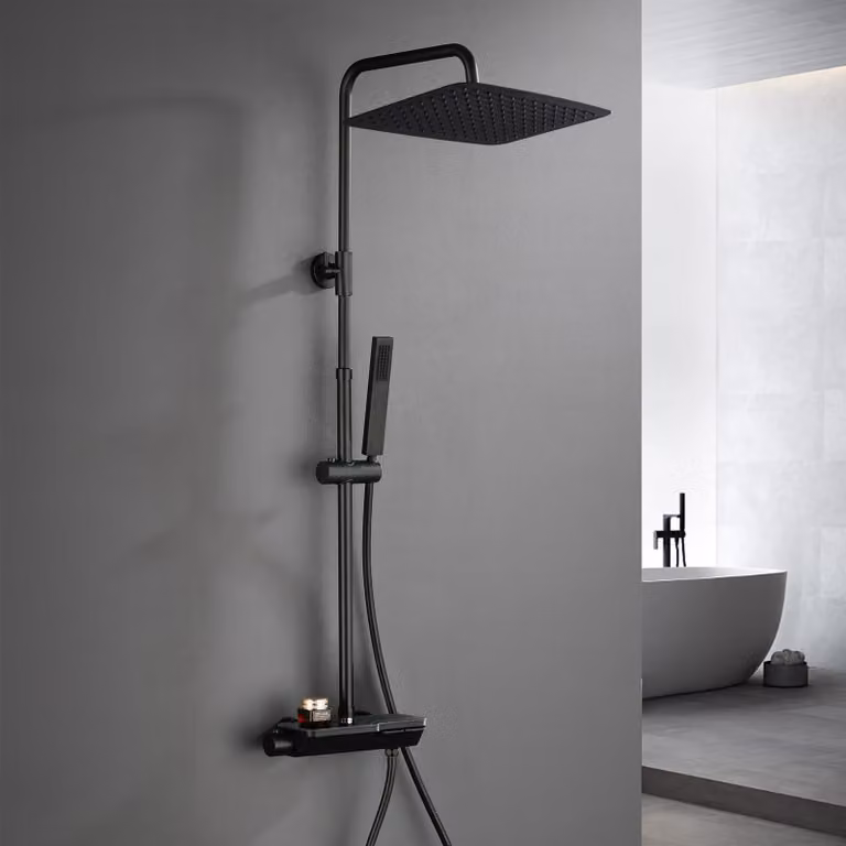 JOHO Colonna Doccia Termostatico in Acciaio INOX 304 Sistema Doccia Rubinetto con Miscelatore, Set Doccia a Pioggia con Soffione 35×25cm Nero