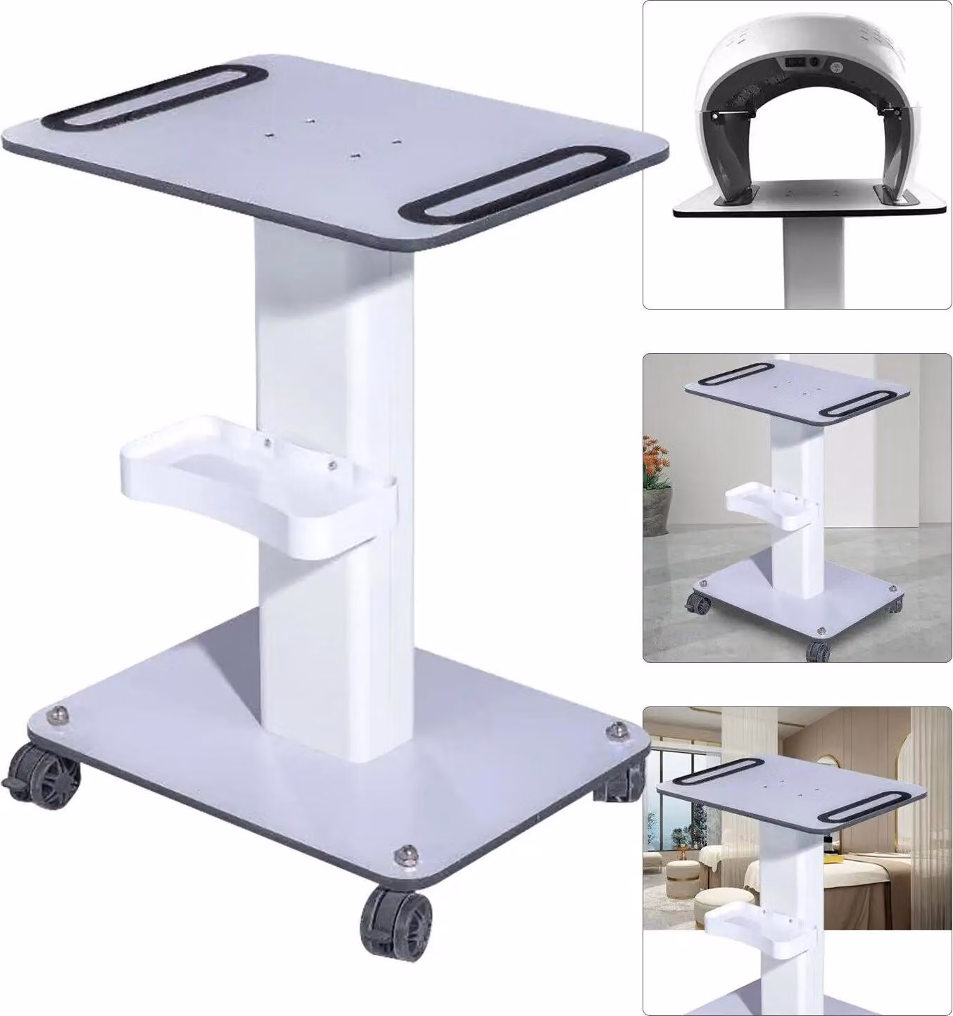 Carrello per cosmetici - Carrello da salone - Ripiano extra large 52×40 cm - Portata 40 kg - Con cassetta portaoggetti - Struttura in ferro - Facile montaggio - Bianco